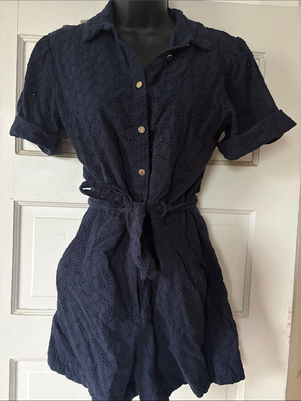 Draper James Navy Eyelet Romper with Tie Waist
